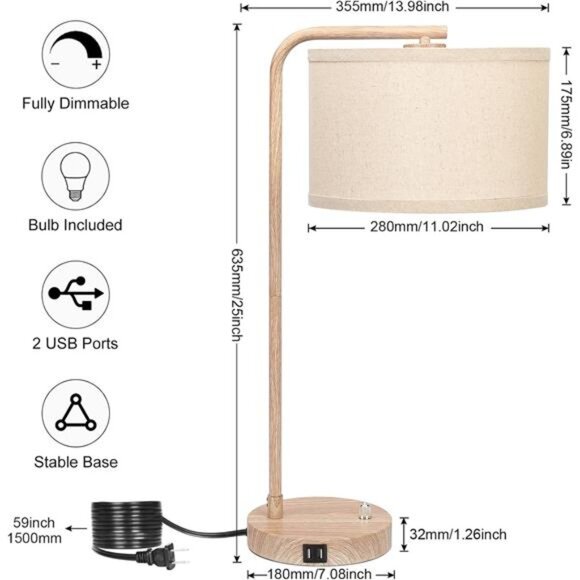 Farmhouse Table Lamp, Fully Dimmable Bedisde Lamp with Dual USB Charging Ports - Picture 2 of 7